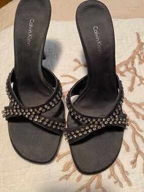 Calvin Klein Black Crystal-Strap Women's Heeled Mules